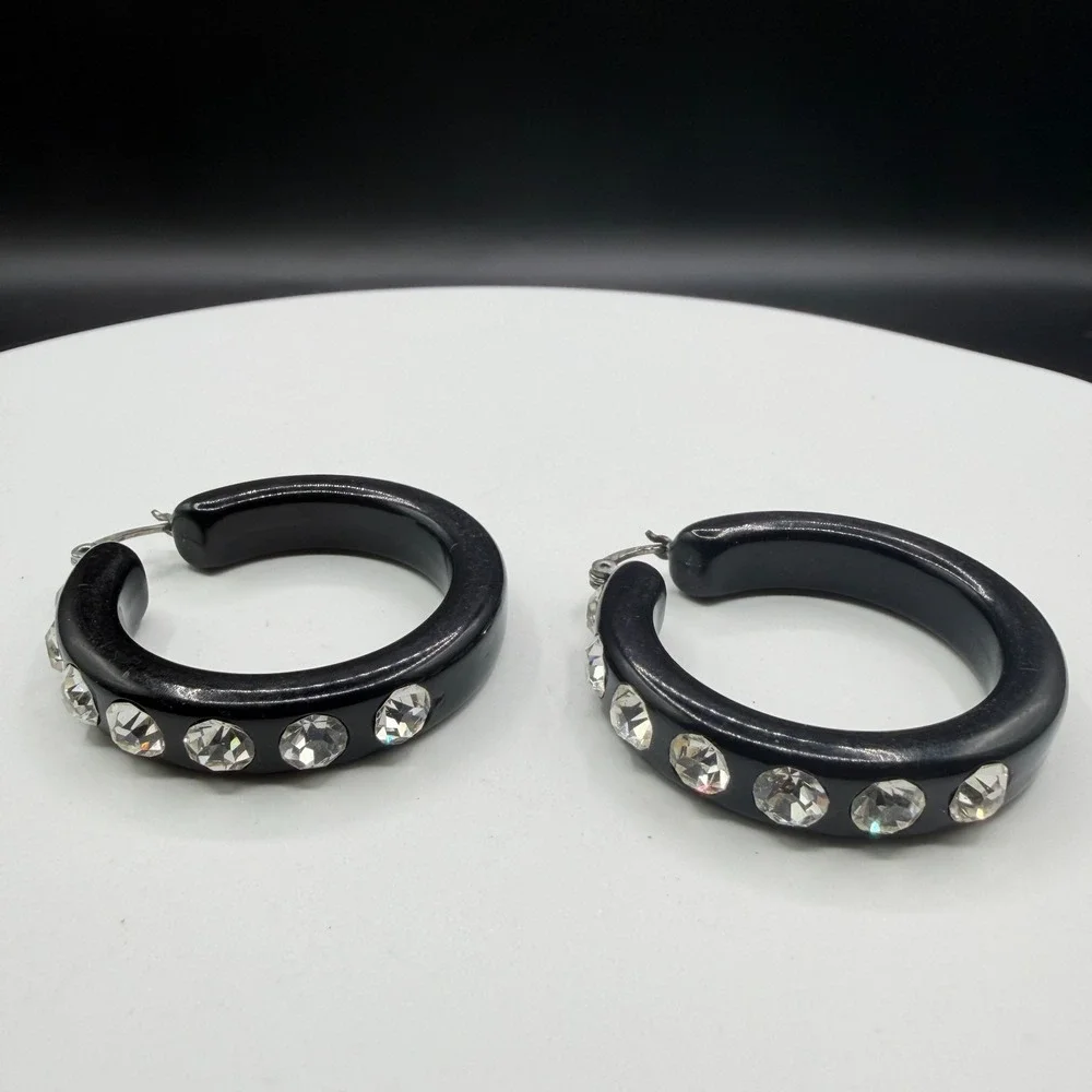 Black Chunky Hoop Earrings Clear Rhinestone Statement Y2K Glam Sparkle Pierced